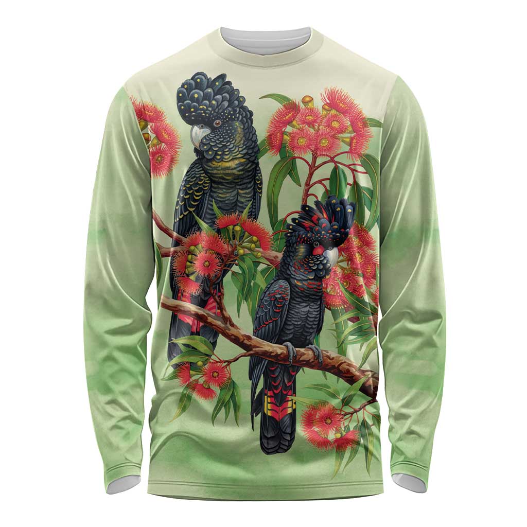 Australia Black Cockatoo and Eucalyptus Long Sleeve Shirt Green Spirit of Aussie Native Bird - Aussie Hoodie