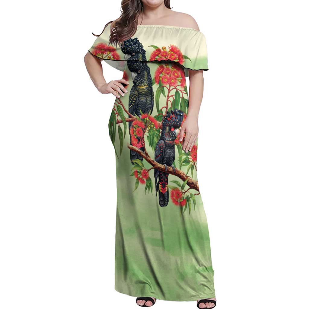 Australia Black Cockatoo and Eucalyptus Off Shoulder Maxi Dress Green Spirit of Aussie Native Bird - Aussie Hoodie