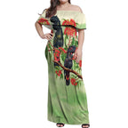 Australia Black Cockatoo and Eucalyptus Off Shoulder Maxi Dress Green Spirit of Aussie Native Bird - Aussie Hoodie