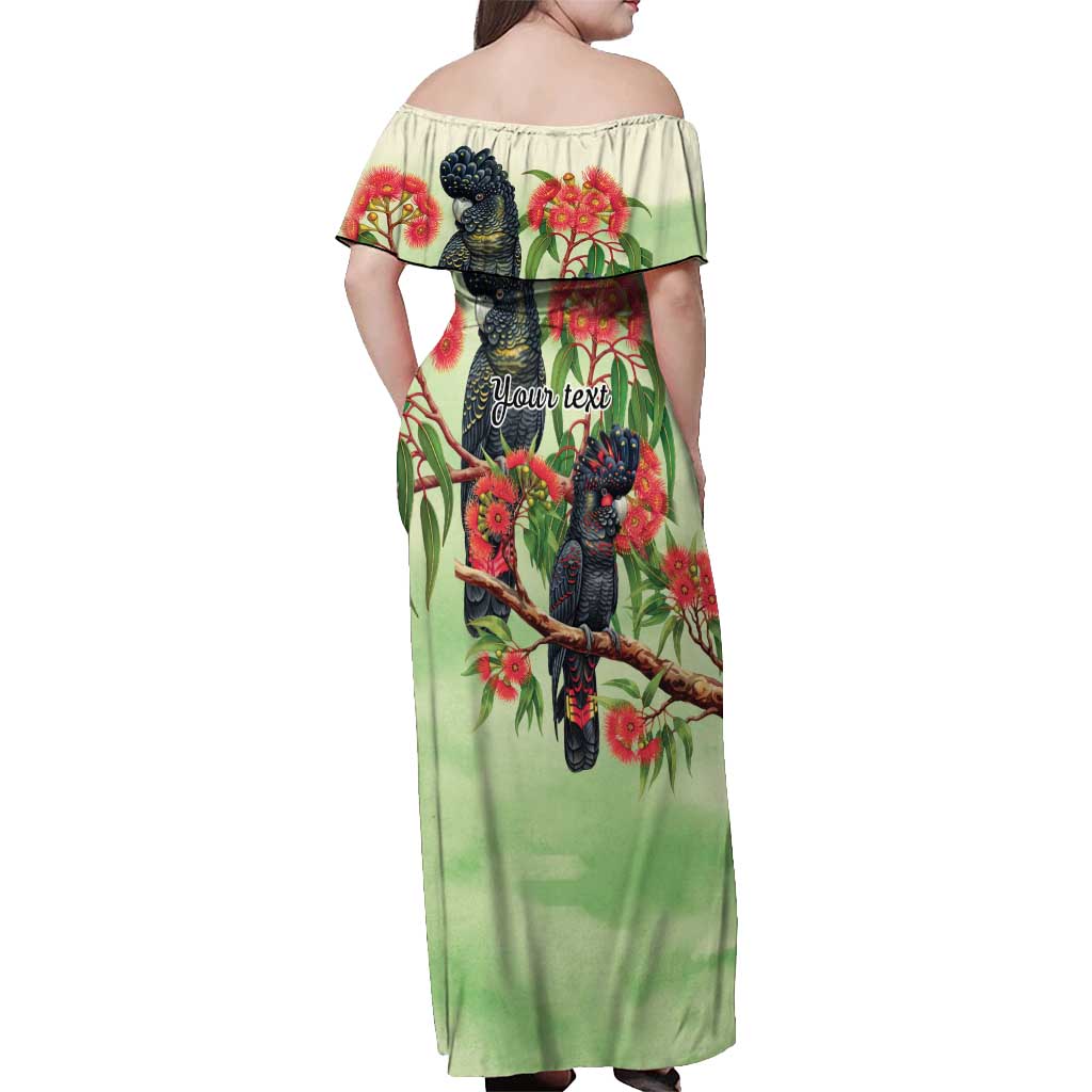Australia Black Cockatoo and Eucalyptus Off Shoulder Maxi Dress Green Spirit of Aussie Native Bird - Aussie Hoodie