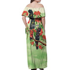 Australia Black Cockatoo and Eucalyptus Off Shoulder Maxi Dress Green Spirit of Aussie Native Bird - Aussie Hoodie