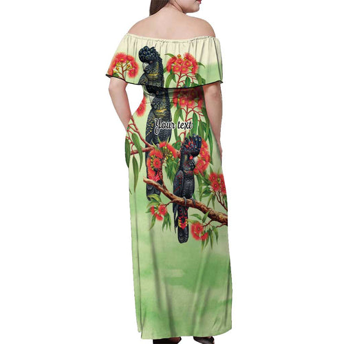 Australia Black Cockatoo and Eucalyptus Off Shoulder Maxi Dress Green Spirit of Aussie Native Bird - Aussie Hoodie