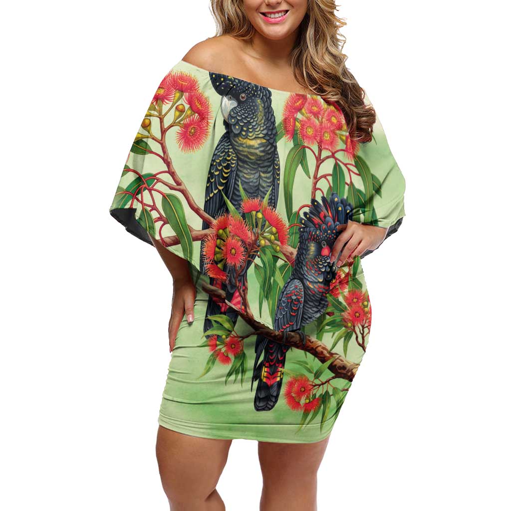Australia Black Cockatoo and Eucalyptus Off Shoulder Short Dress Green Spirit of Aussie Native Bird - Aussie Hoodie