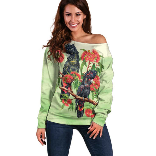 Australia Black Cockatoo and Eucalyptus Off Shoulder Sweater Green Spirit of Aussie Native Bird - Aussie Hoodie
