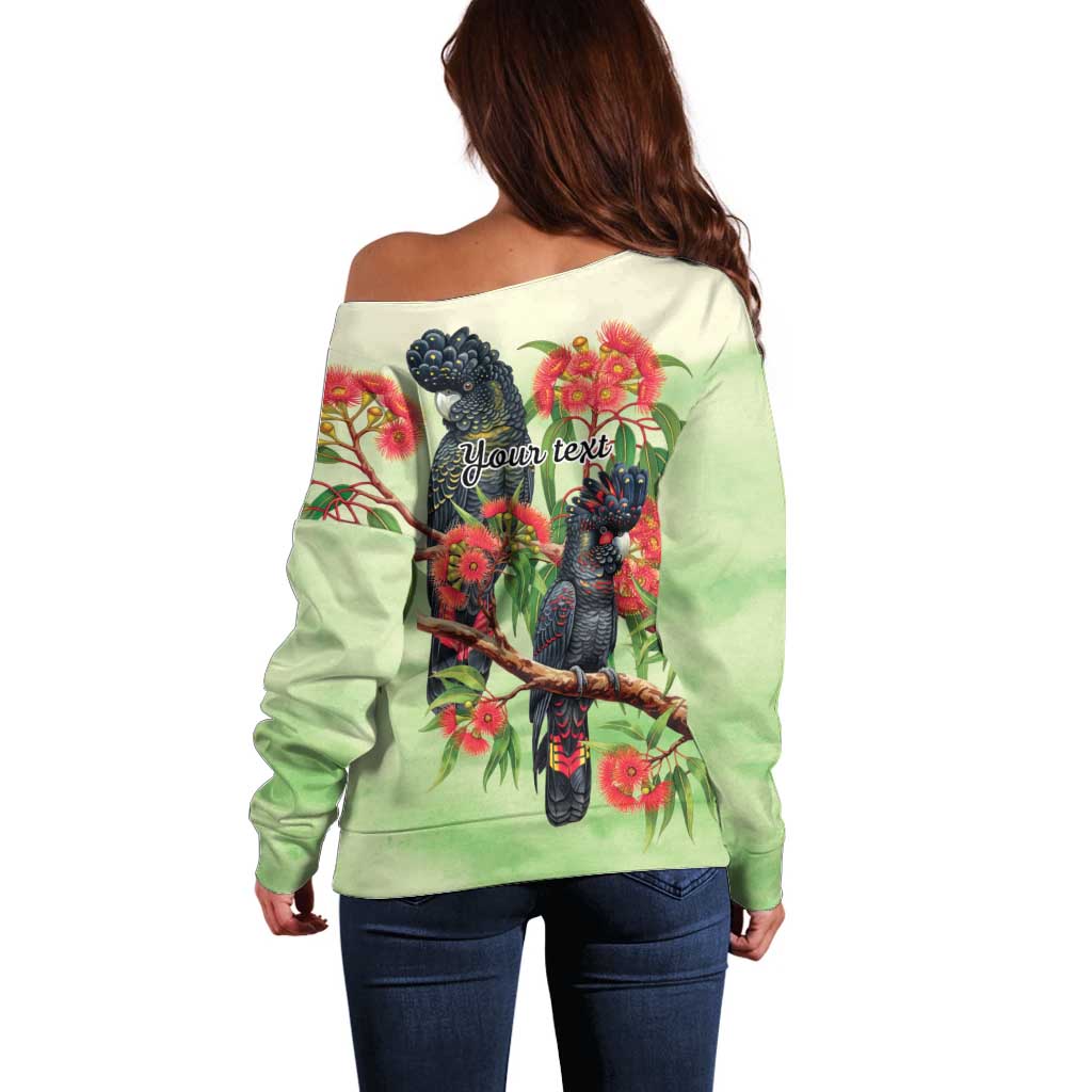 Australia Black Cockatoo and Eucalyptus Off Shoulder Sweater Green Spirit of Aussie Native Bird - Aussie Hoodie
