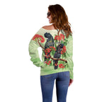 Australia Black Cockatoo and Eucalyptus Off Shoulder Sweater Green Spirit of Aussie Native Bird - Aussie Hoodie