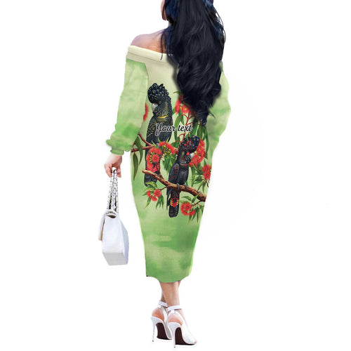 Australia Black Cockatoo and Eucalyptus Off The Shoulder Long Sleeve Dress Green Spirit of Aussie Native Bird - Aussie Hoodie