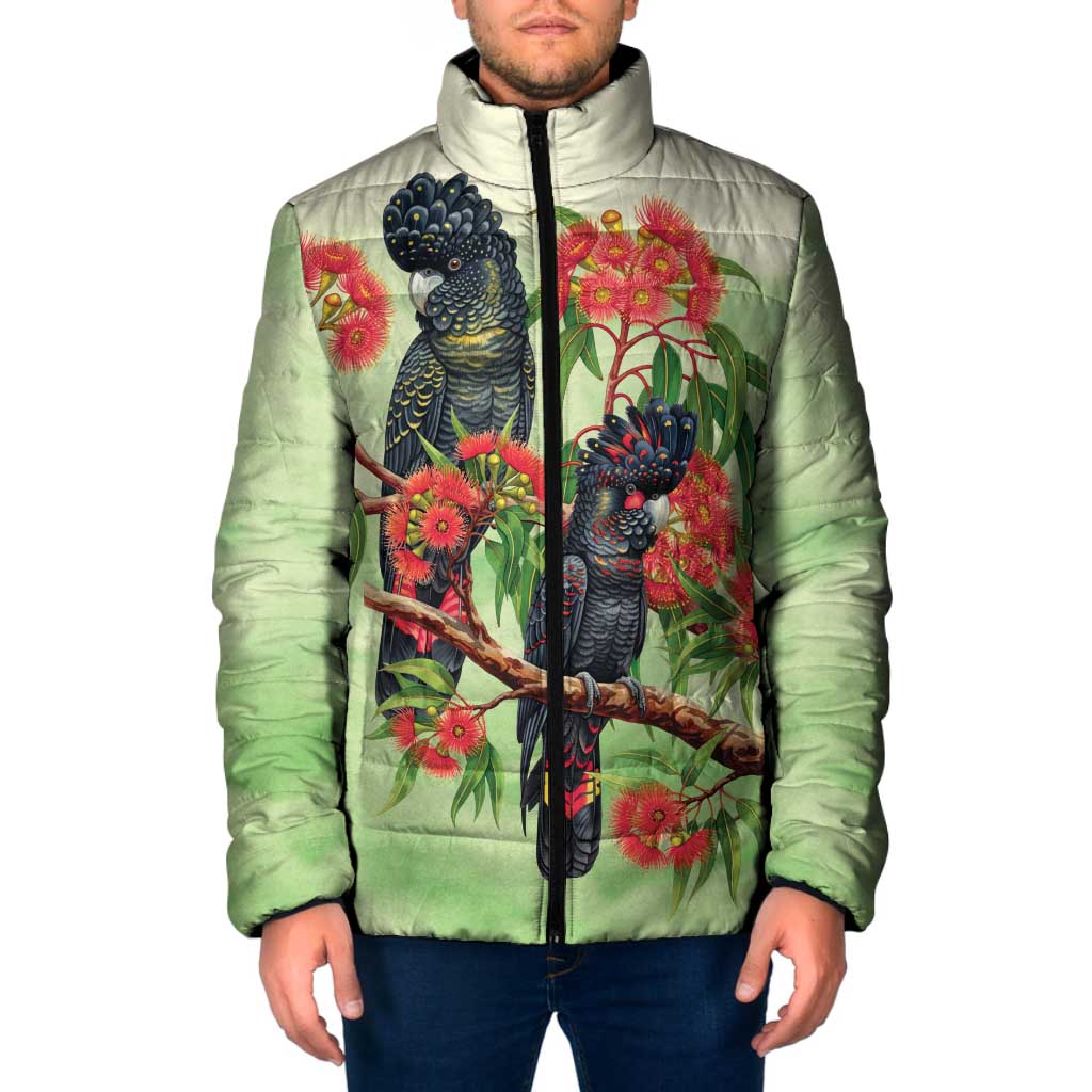 Australia Black Cockatoo and Eucalyptus Padded Jacket Green Spirit of Aussie Native Bird - Aussie Hoodie
