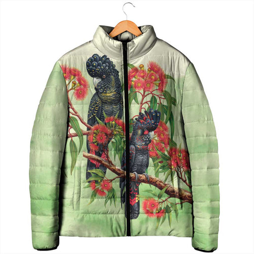 Australia Black Cockatoo and Eucalyptus Padded Jacket Green Spirit of Aussie Native Bird - Aussie Hoodie