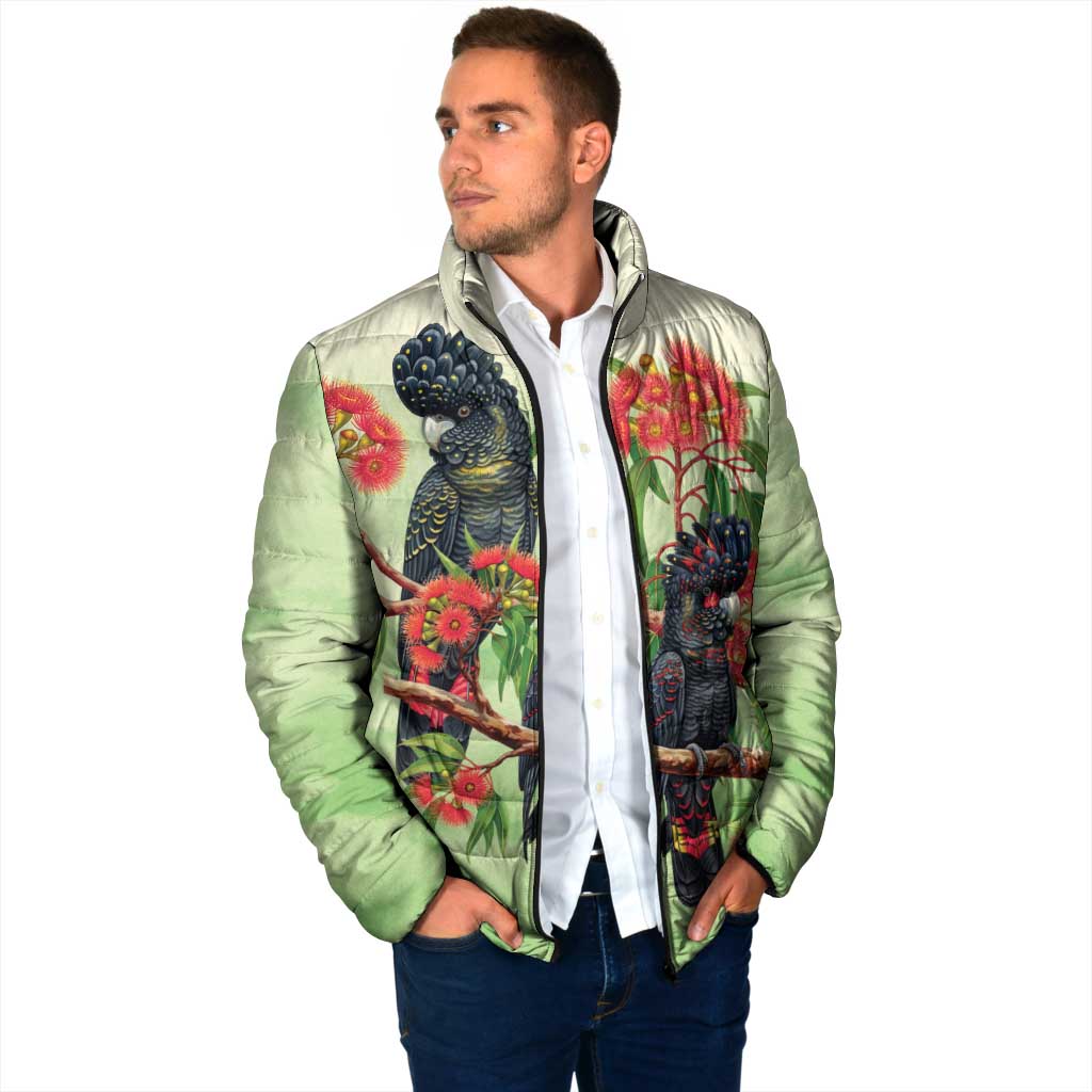 Australia Black Cockatoo and Eucalyptus Padded Jacket Green Spirit of Aussie Native Bird - Aussie Hoodie