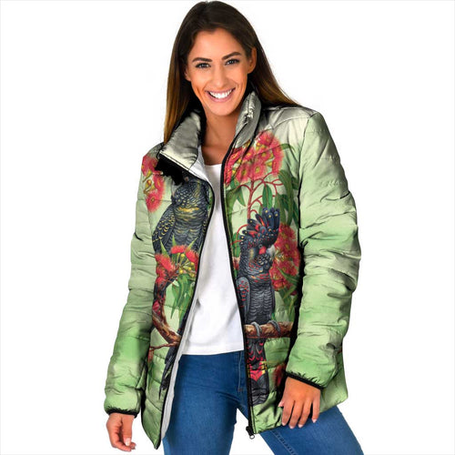 Australia Black Cockatoo and Eucalyptus Padded Jacket Green Spirit of Aussie Native Bird - Aussie Hoodie