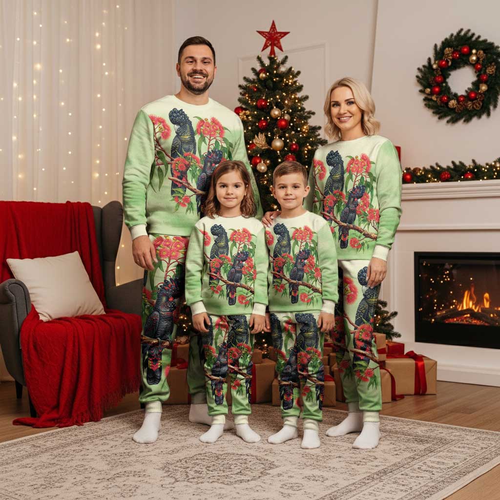 Australia Black Cockatoo and Eucalyptus Christmas Pajama Set Green Spirit of Aussie Native Bird - Aussie Hoodie