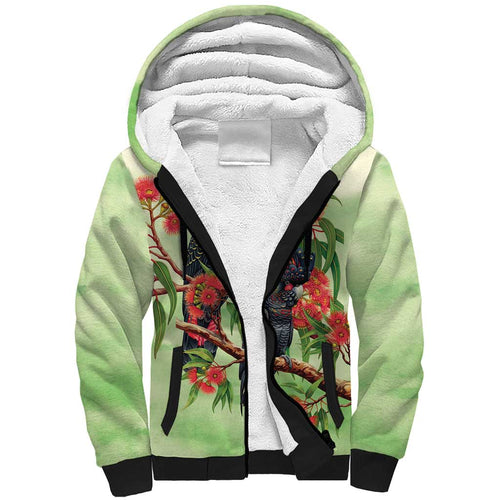 Australia Black Cockatoo and Eucalyptus Sherpa Hoodie Green Spirit of Aussie Native Bird - Aussie Hoodie