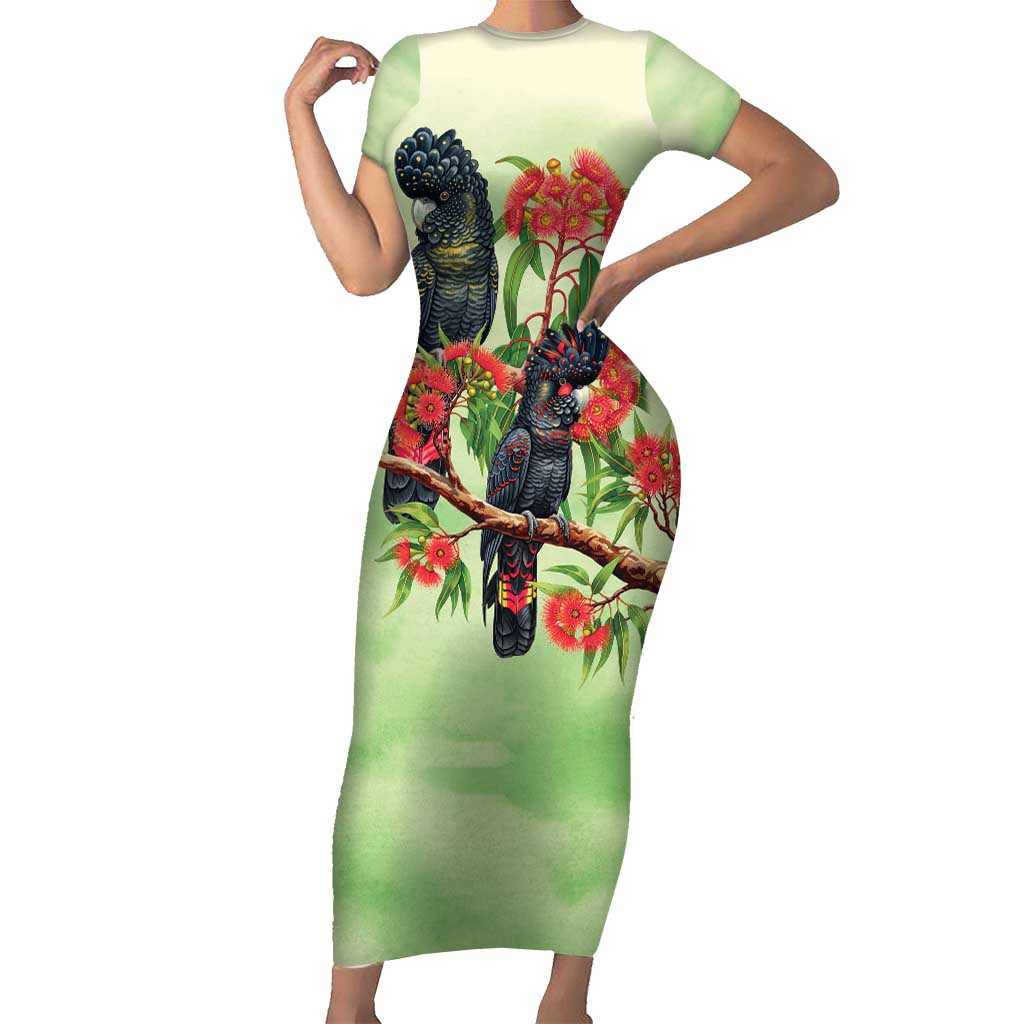 Australia Black Cockatoo and Eucalyptus Short Sleeve Bodycon Dress Green Spirit of Aussie Native Bird - Aussie Hoodie