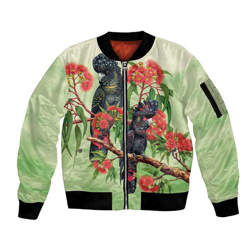 Australia Black Cockatoo and Eucalyptus Sleeve Zip Bomber Jacket Green Spirit of Aussie Native Bird - Aussie Hoodie