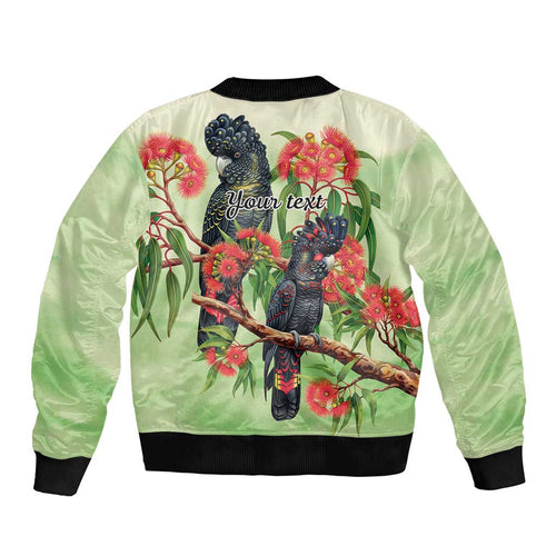 Australia Black Cockatoo and Eucalyptus Sleeve Zip Bomber Jacket Green Spirit of Aussie Native Bird - Aussie Hoodie