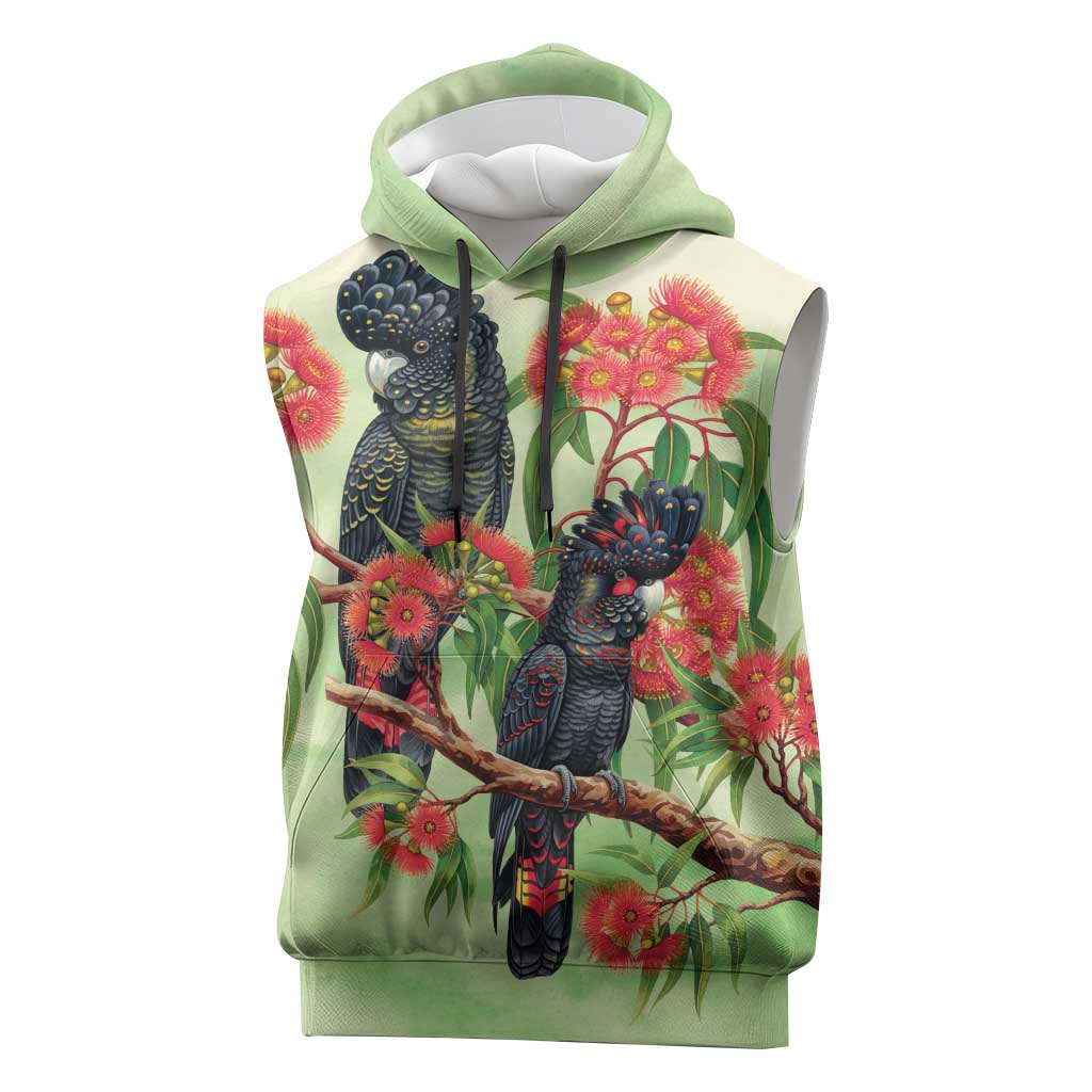 Australia Black Cockatoo and Eucalyptus Sleeveless Hoodie Green Spirit of Aussie Native Bird - Aussie Hoodie