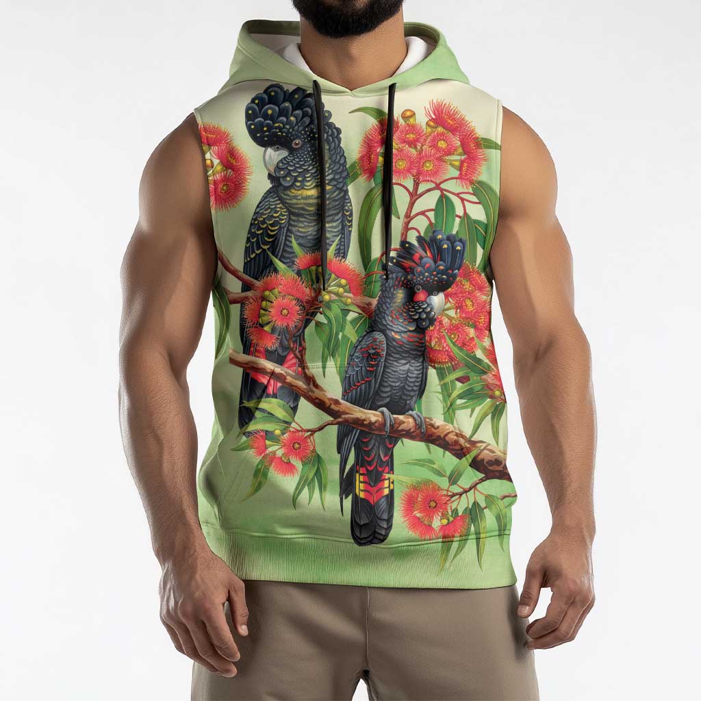 Australia Black Cockatoo and Eucalyptus Sleeveless Hoodie Green Spirit of Aussie Native Bird - Aussie Hoodie