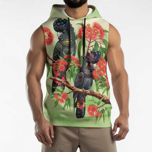 Australia Black Cockatoo and Eucalyptus Sleeveless Hoodie Green Spirit of Aussie Native Bird - Aussie Hoodie