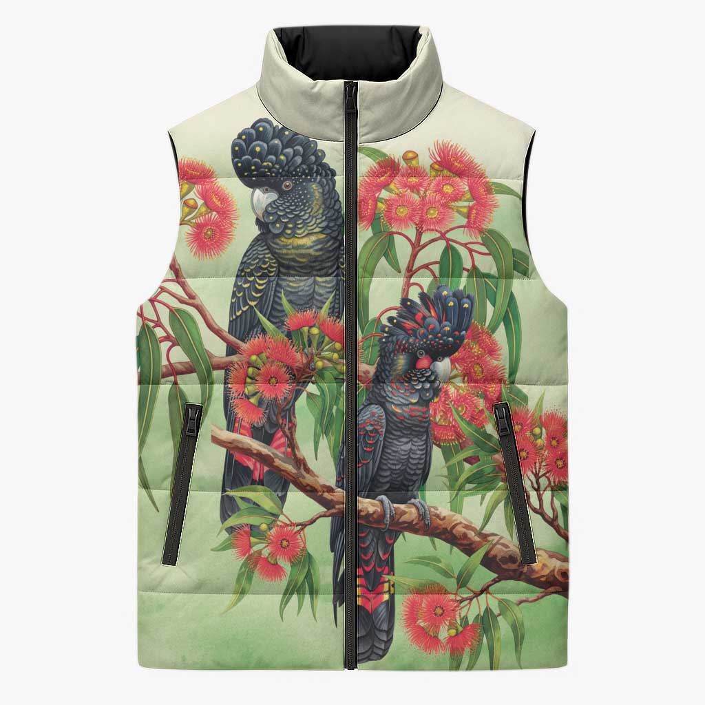 Australia Black Cockatoo and Eucalyptus Sleeveless Puffer Jacket Green Spirit of Aussie Native Bird - Aussie Hoodie