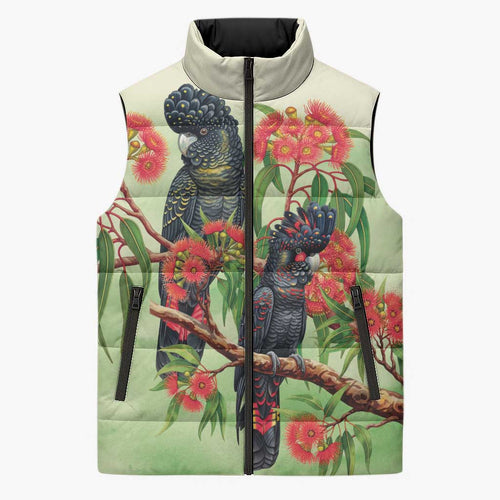 Australia Black Cockatoo and Eucalyptus Sleeveless Puffer Jacket Green Spirit of Aussie Native Bird - Aussie Hoodie