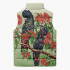 Australia Black Cockatoo and Eucalyptus Sleeveless Puffer Jacket Green Spirit of Aussie Native Bird - Aussie Hoodie