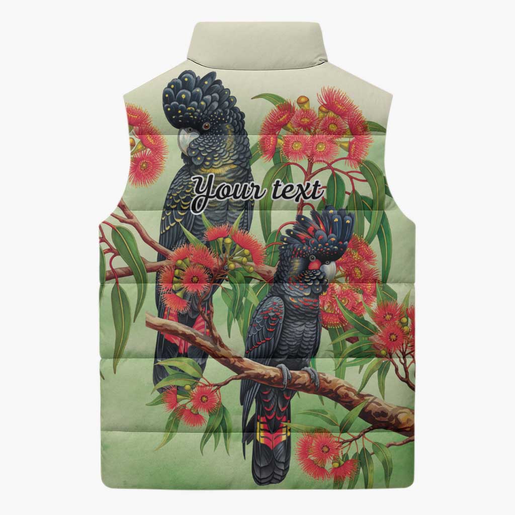 Australia Black Cockatoo and Eucalyptus Sleeveless Puffer Jacket Green Spirit of Aussie Native Bird - Aussie Hoodie