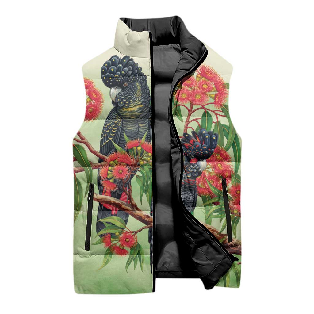 Australia Black Cockatoo and Eucalyptus Sleeveless Puffer Jacket Green Spirit of Aussie Native Bird - Aussie Hoodie