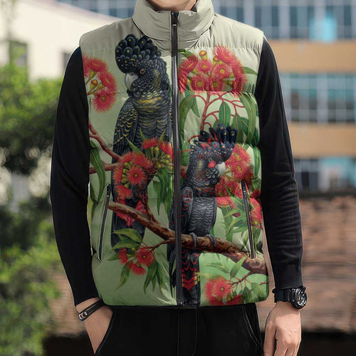 Australia Black Cockatoo and Eucalyptus Sleeveless Puffer Jacket Green Spirit of Aussie Native Bird - Aussie Hoodie