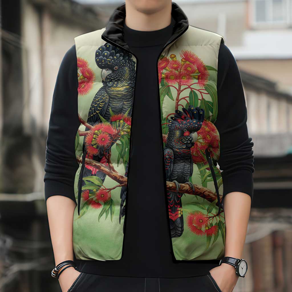 Australia Black Cockatoo and Eucalyptus Sleeveless Puffer Jacket Green Spirit of Aussie Native Bird - Aussie Hoodie
