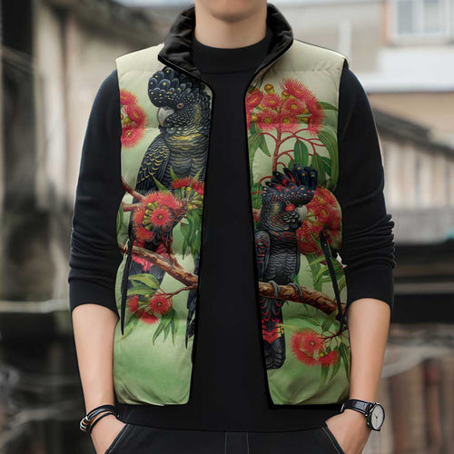 Australia Black Cockatoo and Eucalyptus Sleeveless Puffer Jacket Green Spirit of Aussie Native Bird - Aussie Hoodie