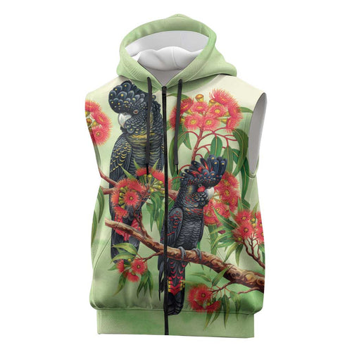 Australia Black Cockatoo and Eucalyptus Sleeveless Zip Hoodie Green Spirit of Aussie Native Bird LT9