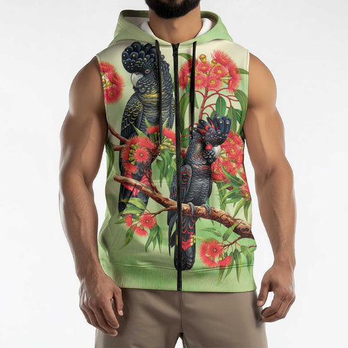 Australia Black Cockatoo and Eucalyptus Sleeveless Zip Hoodie Green Spirit of Aussie Native Bird LT9