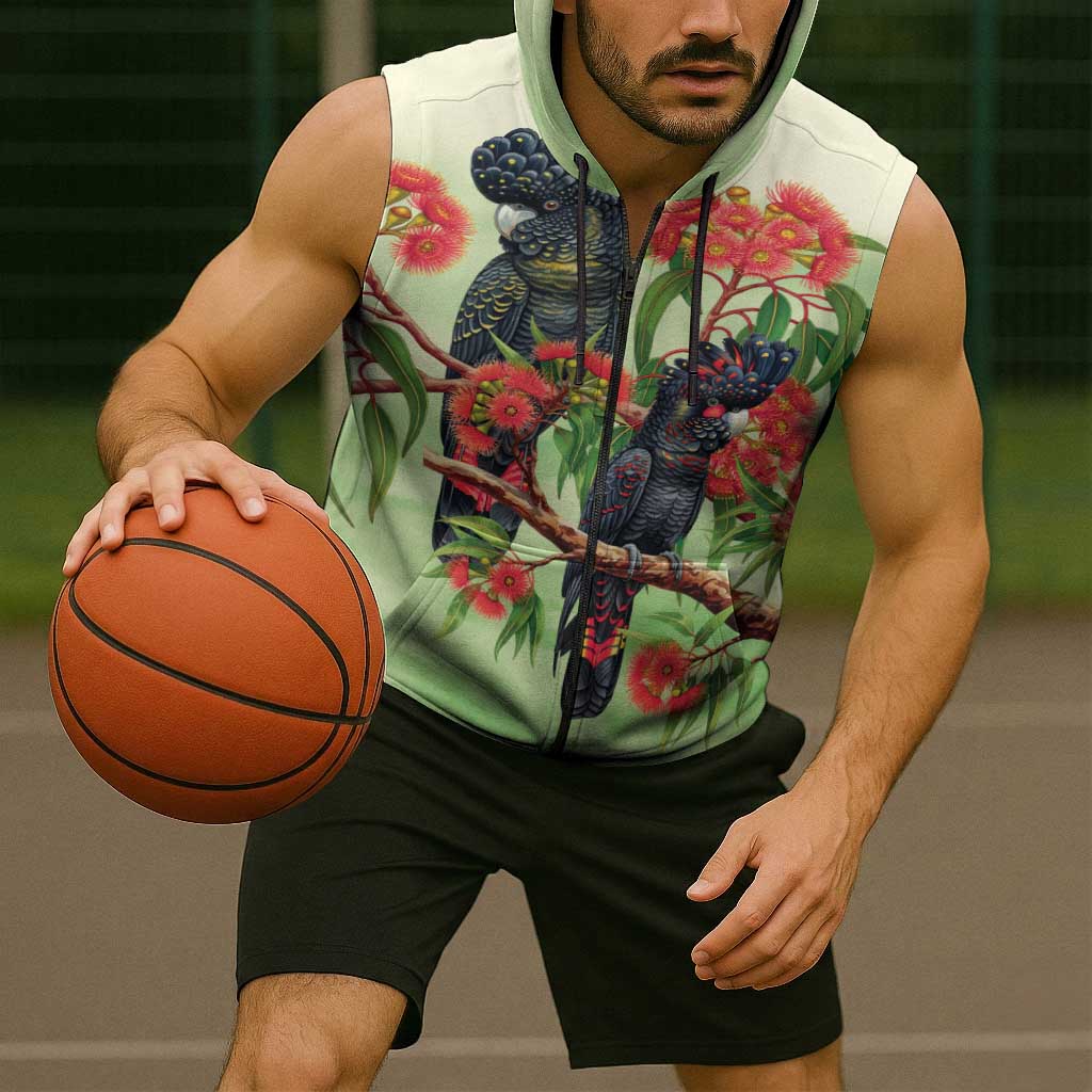 Australia Black Cockatoo and Eucalyptus Sleeveless Zip Hoodie Green Spirit of Aussie Native Bird LT9