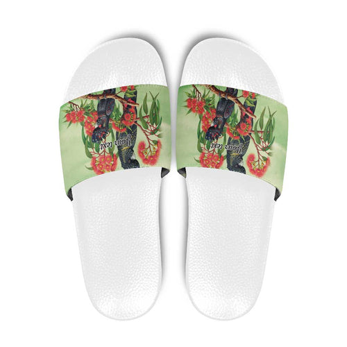 Australia Black Cockatoo and Eucalyptus Slide Sandals Green Spirit of Aussie Native Bird - Aussie Hoodie