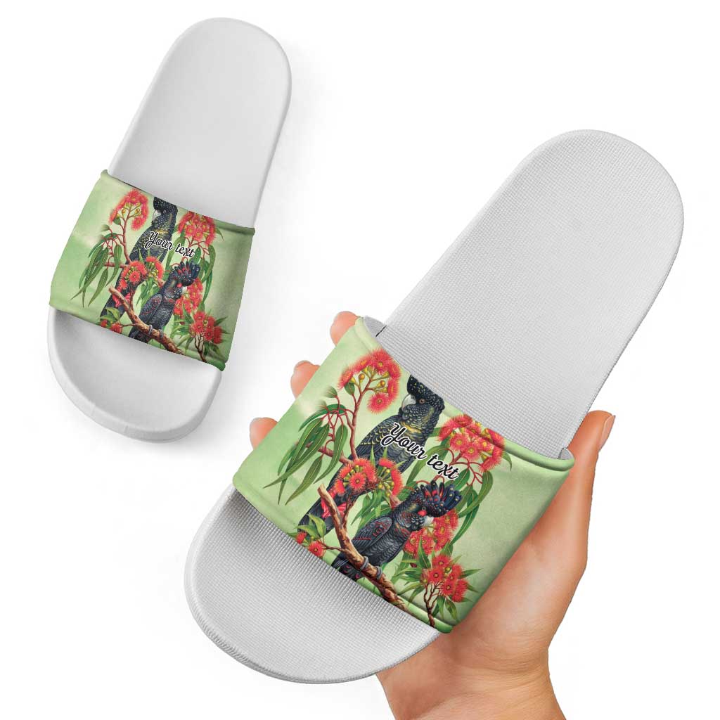 Australia Black Cockatoo and Eucalyptus Slide Sandals Green Spirit of Aussie Native Bird - Aussie Hoodie