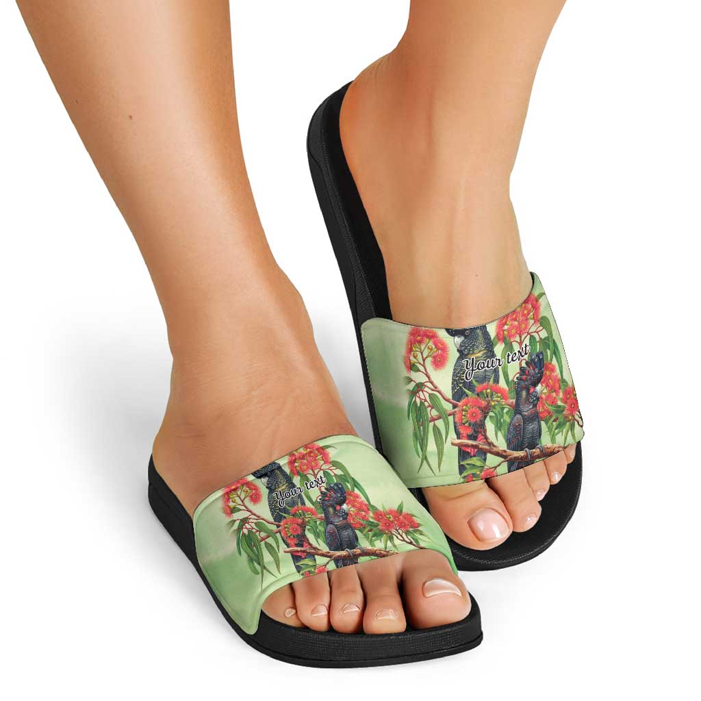 Australia Black Cockatoo and Eucalyptus Slide Sandals Green Spirit of Aussie Native Bird - Aussie Hoodie
