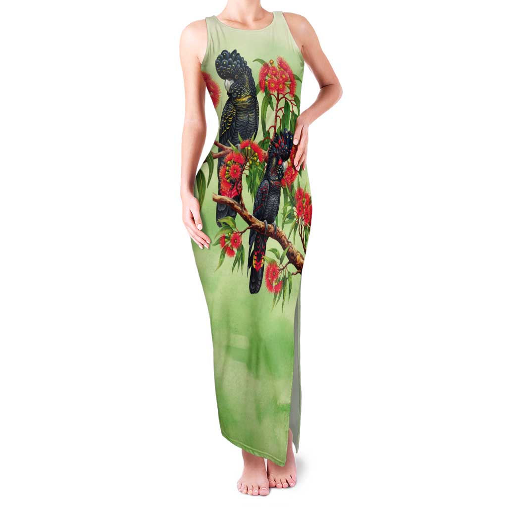 Australia Black Cockatoo and Eucalyptus Tank Maxi Dress Green Spirit of Aussie Native Bird - Aussie Hoodie