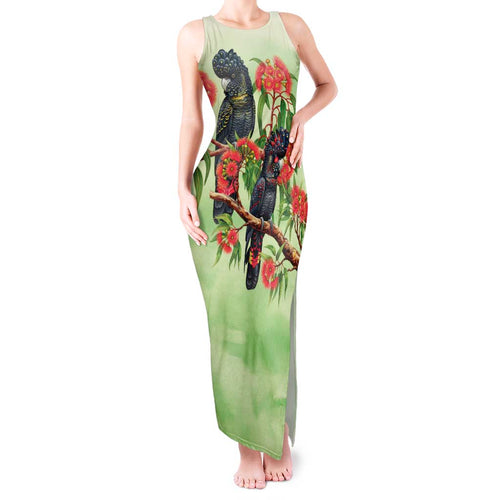 Australia Black Cockatoo and Eucalyptus Tank Maxi Dress Green Spirit of Aussie Native Bird - Aussie Hoodie