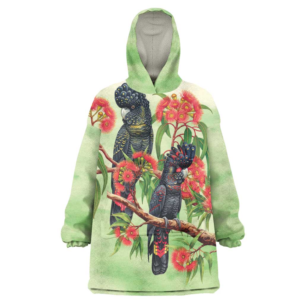 Australia Black Cockatoo and Eucalyptus Wearable Blanket Hoodie Green Spirit of Aussie Native Bird - Aussie Hoodie