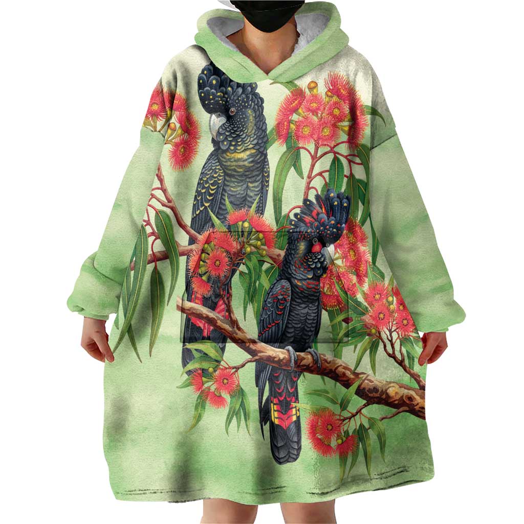 Australia Black Cockatoo and Eucalyptus Wearable Blanket Hoodie Green Spirit of Aussie Native Bird - Aussie Hoodie