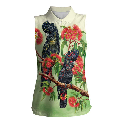 Australia Black Cockatoo and Eucalyptus Women Sleeveless Polo Shirt Green Spirit of Aussie Native Bird - Aussie Hoodie