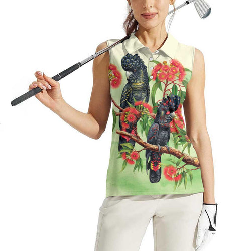 Australia Black Cockatoo and Eucalyptus Women Sleeveless Polo Shirt Green Spirit of Aussie Native Bird - Aussie Hoodie