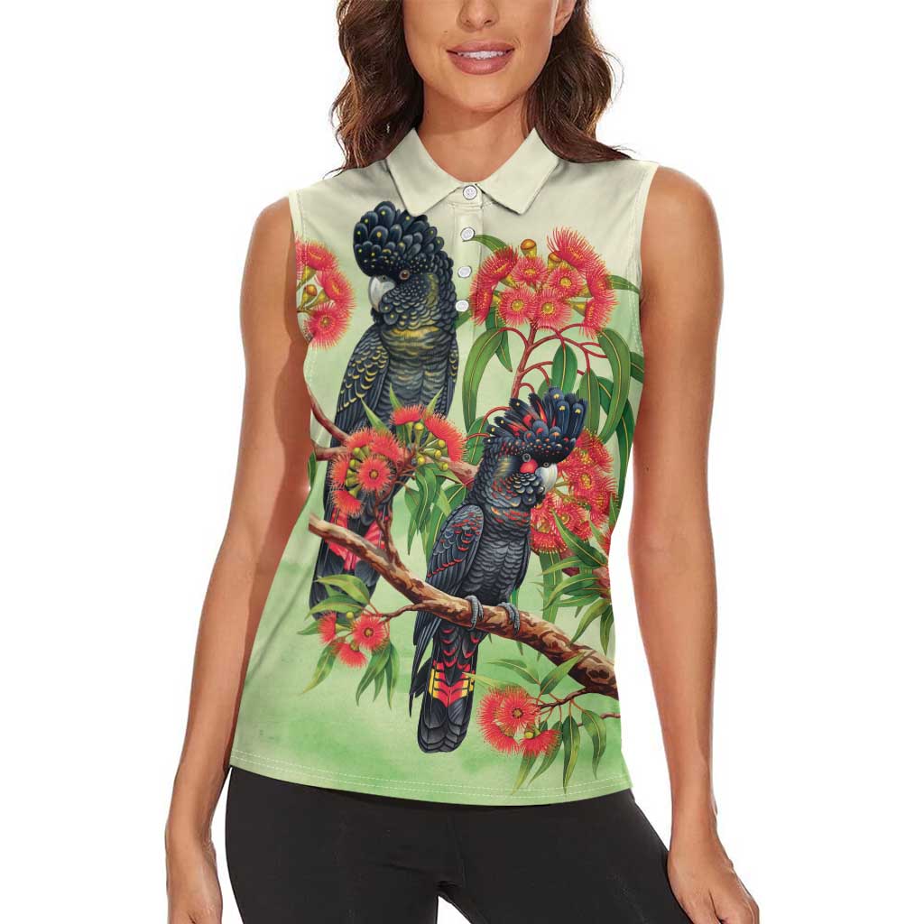 Australia Black Cockatoo and Eucalyptus Women Sleeveless Polo Shirt Green Spirit of Aussie Native Bird - Aussie Hoodie
