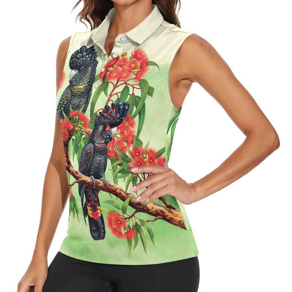 Australia Black Cockatoo and Eucalyptus Women Sleeveless Polo Shirt Green Spirit of Aussie Native Bird - Aussie Hoodie