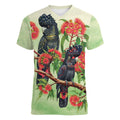 Australia Black Cockatoo and Eucalyptus Women V-Neck T-Shirt Green Spirit of Aussie Native Bird - Aussie Hoodie