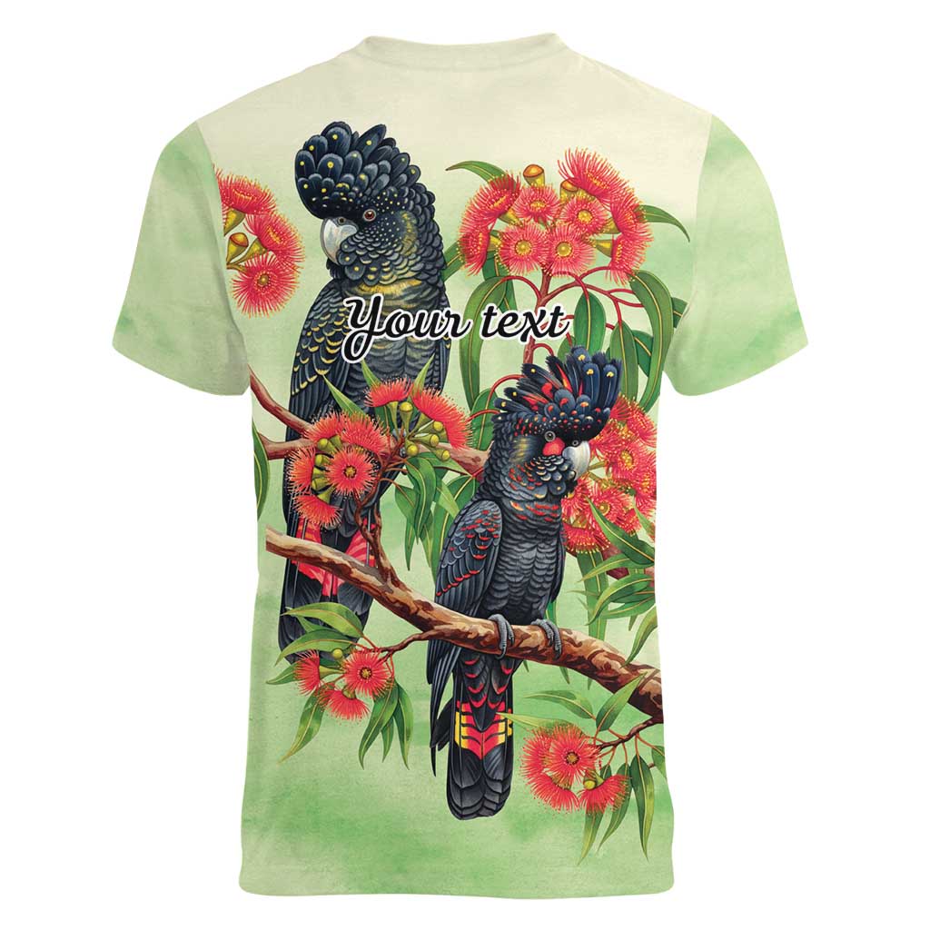 Australia Black Cockatoo and Eucalyptus Women V-Neck T-Shirt Green Spirit of Aussie Native Bird - Aussie Hoodie