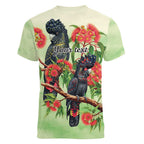 Australia Black Cockatoo and Eucalyptus Women V-Neck T-Shirt Green Spirit of Aussie Native Bird - Aussie Hoodie