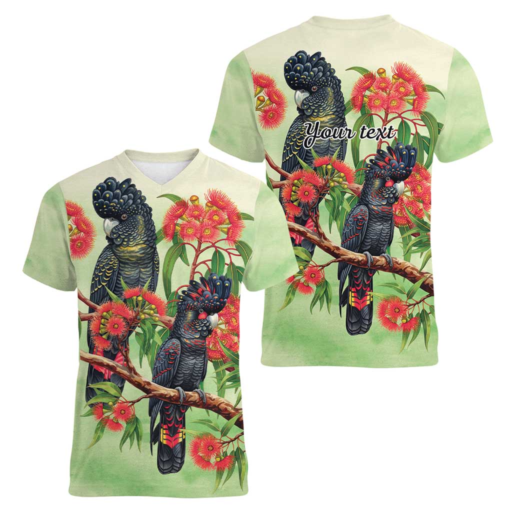 Australia Black Cockatoo and Eucalyptus Women V-Neck T-Shirt Green Spirit of Aussie Native Bird - Aussie Hoodie