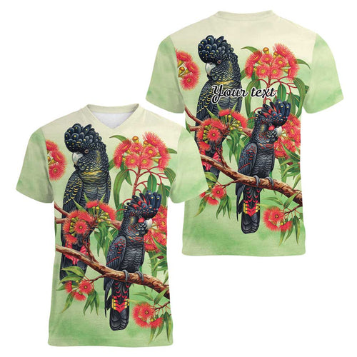Australia Black Cockatoo and Eucalyptus Women V-Neck T-Shirt Green Spirit of Aussie Native Bird - Aussie Hoodie